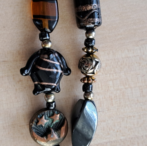 Black & Amber Art Glass, Golden and Hematite Charm Double Strand Beaded Bracelet - Picture 9 of 12